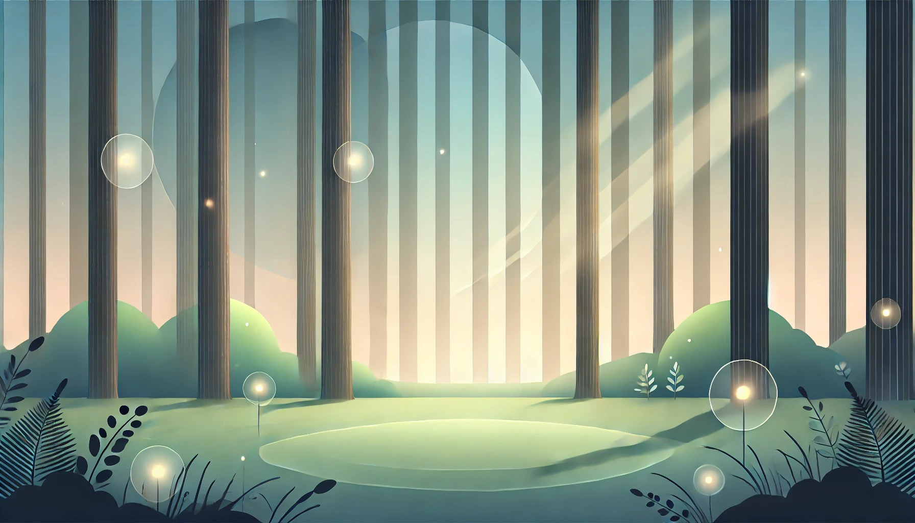 DALL·E 2024 07 14 23.54.36   A minimalist nature scene featuring a tranquil forest glade with soft sunlight filtering through the trees. The design includes gentle shadows and a f